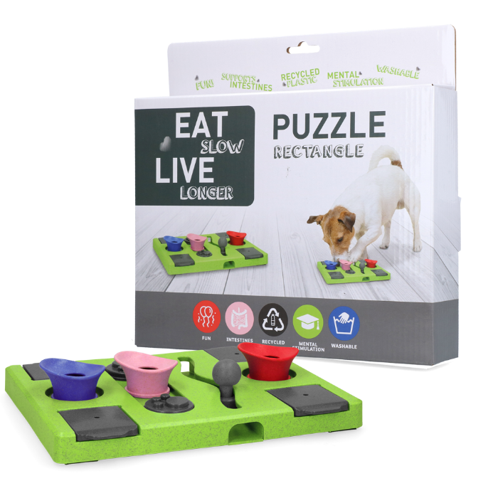 Eat Slow Live Longer Puzzle Rectangle – Intelligentie speelgoed voor honden – Hondenspeelgoed – Uitdagende hondenpuzzel – Gerecyclede materialen – 25x26x5 cm - Groen