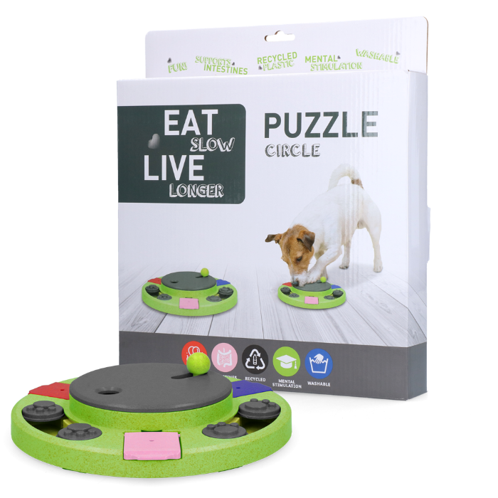 Eat Slow Live Longer Puzzle Circle – Intelligentie speelgoed voor honden – Hondenspeelgoed – Uitdagende hondenpuzzel – Gerecyclede materialen – 27x27x5 cm - Groen