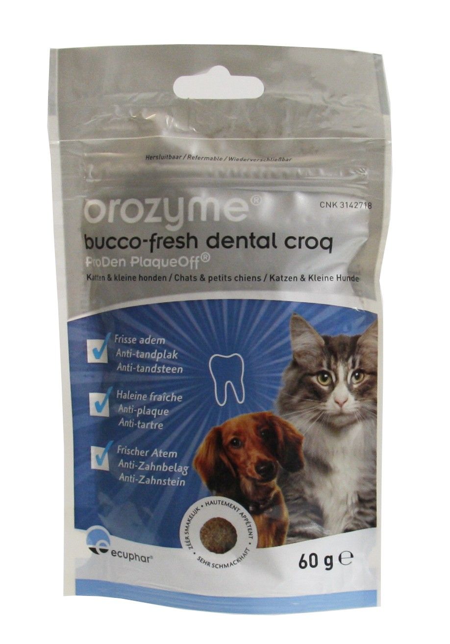 Orozyme Bucco-Fresh Dental Croq hond/kat tot 10kg - 60gr Let Op: THT 31-12-2024