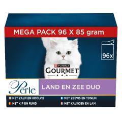 Gourmet Perle Duo Land & Zee (rund, kip, zalm, en tonijn) kattenvoer nat 96x85gr