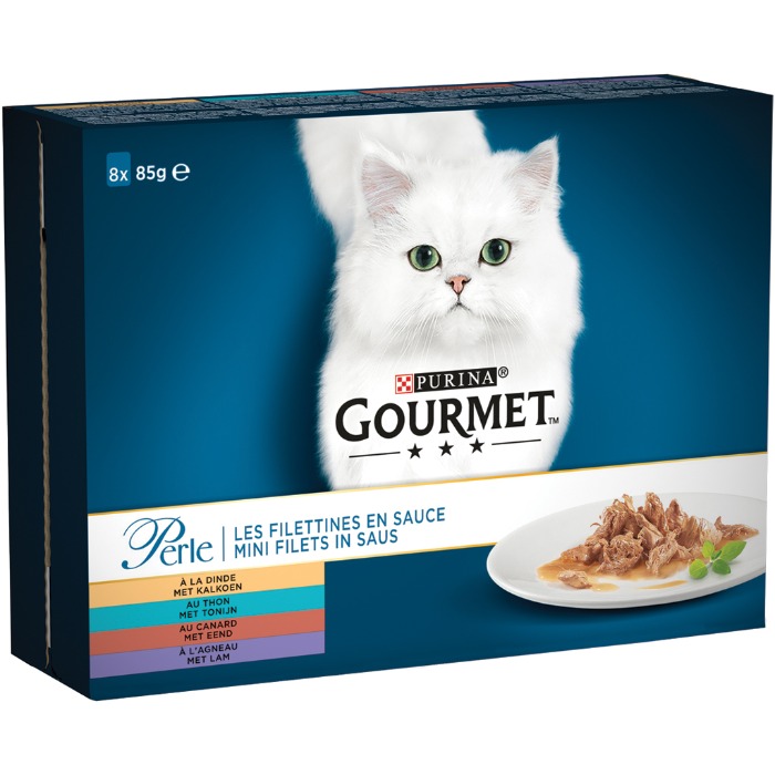 PURINA Gourmet Perle Mini Filets in Saus met Kalkoen, Eend, Tonijn, Lam 8X85g